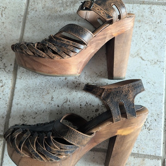 Five Worlds by Cordani Woven Leather Platform Sandals Brown Wood Heel Womens 7 - Picture 3 of 8